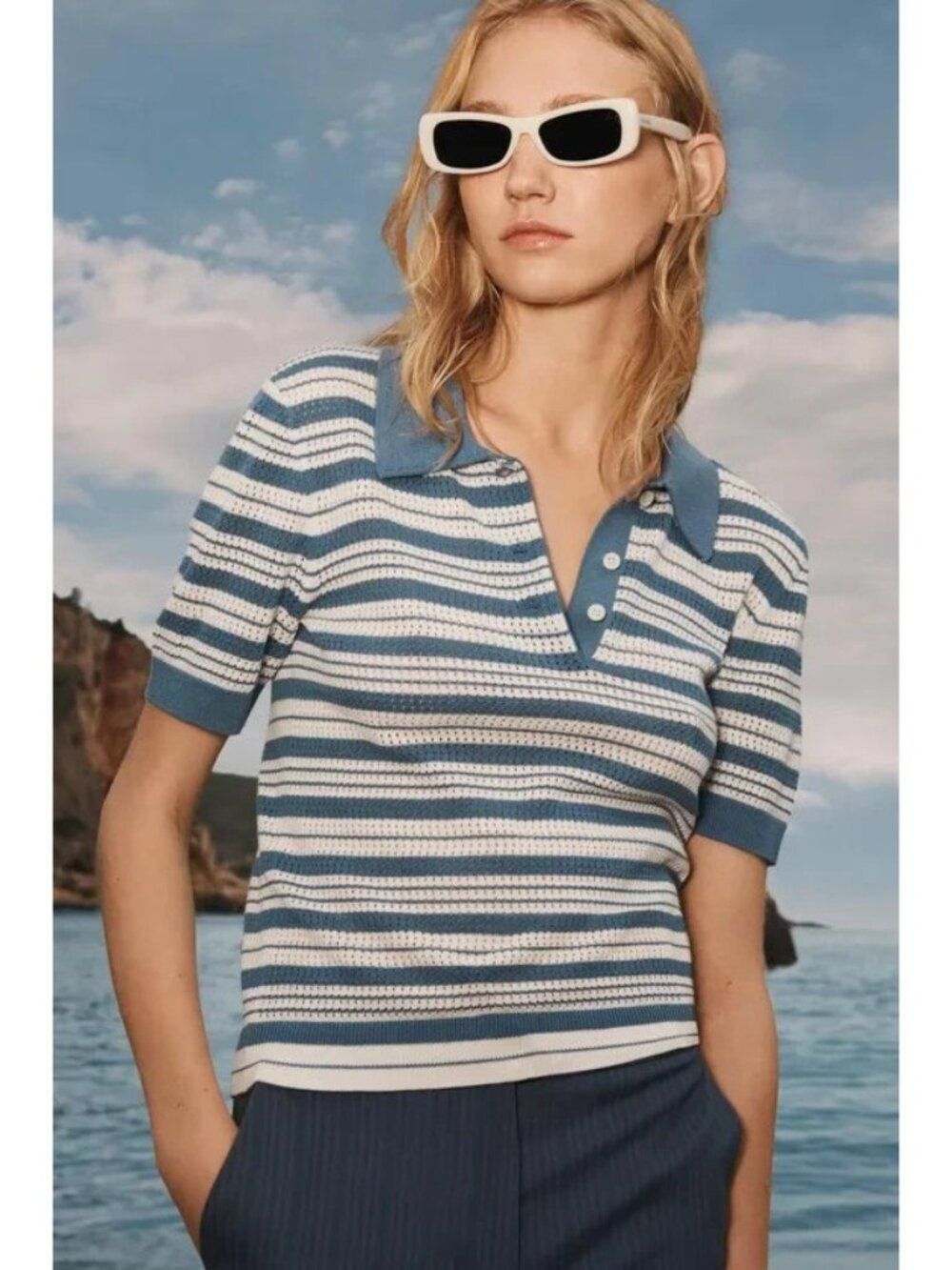 Zara Studio Womens Knit Striped polo Sweater XS Blue White 3039/009 NWT